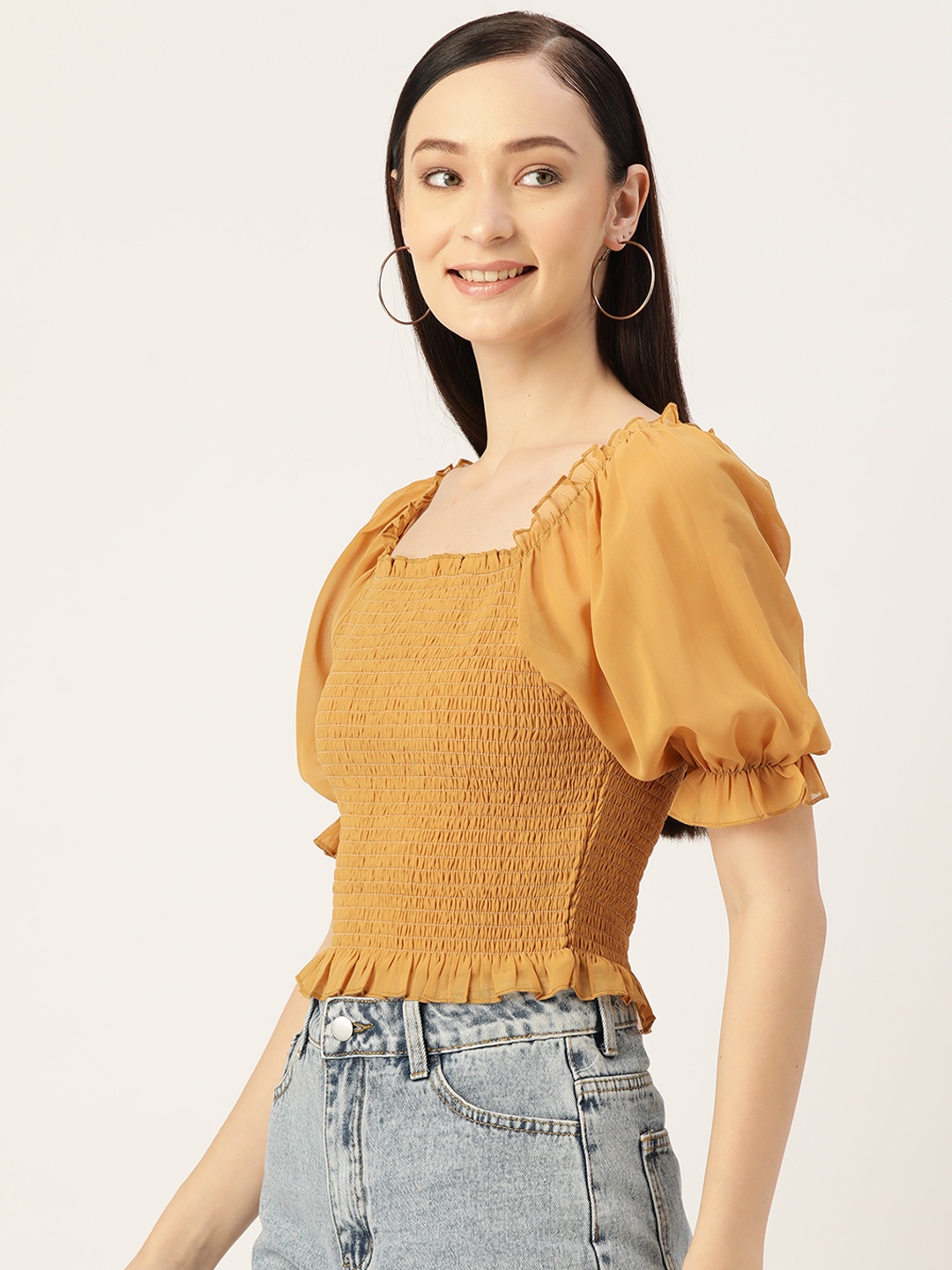 

Slenor Mustard Smocked Georgette Crop Top