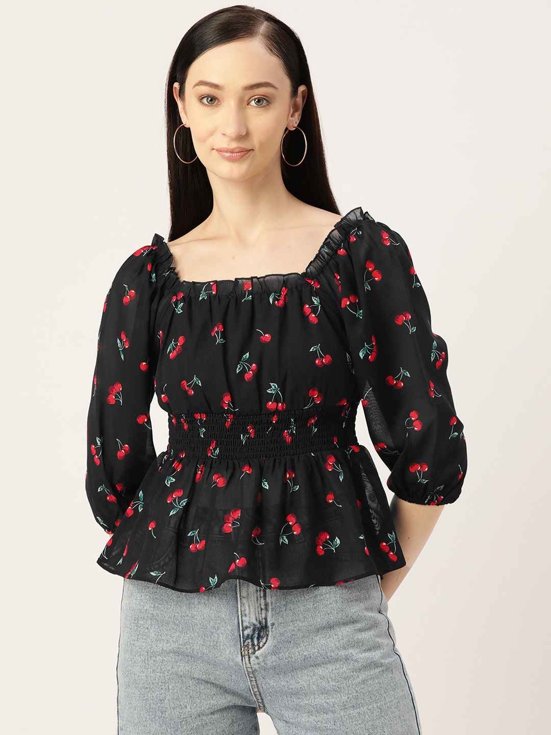 

Slenor Conversational Print Georgette Peplum Top, Black