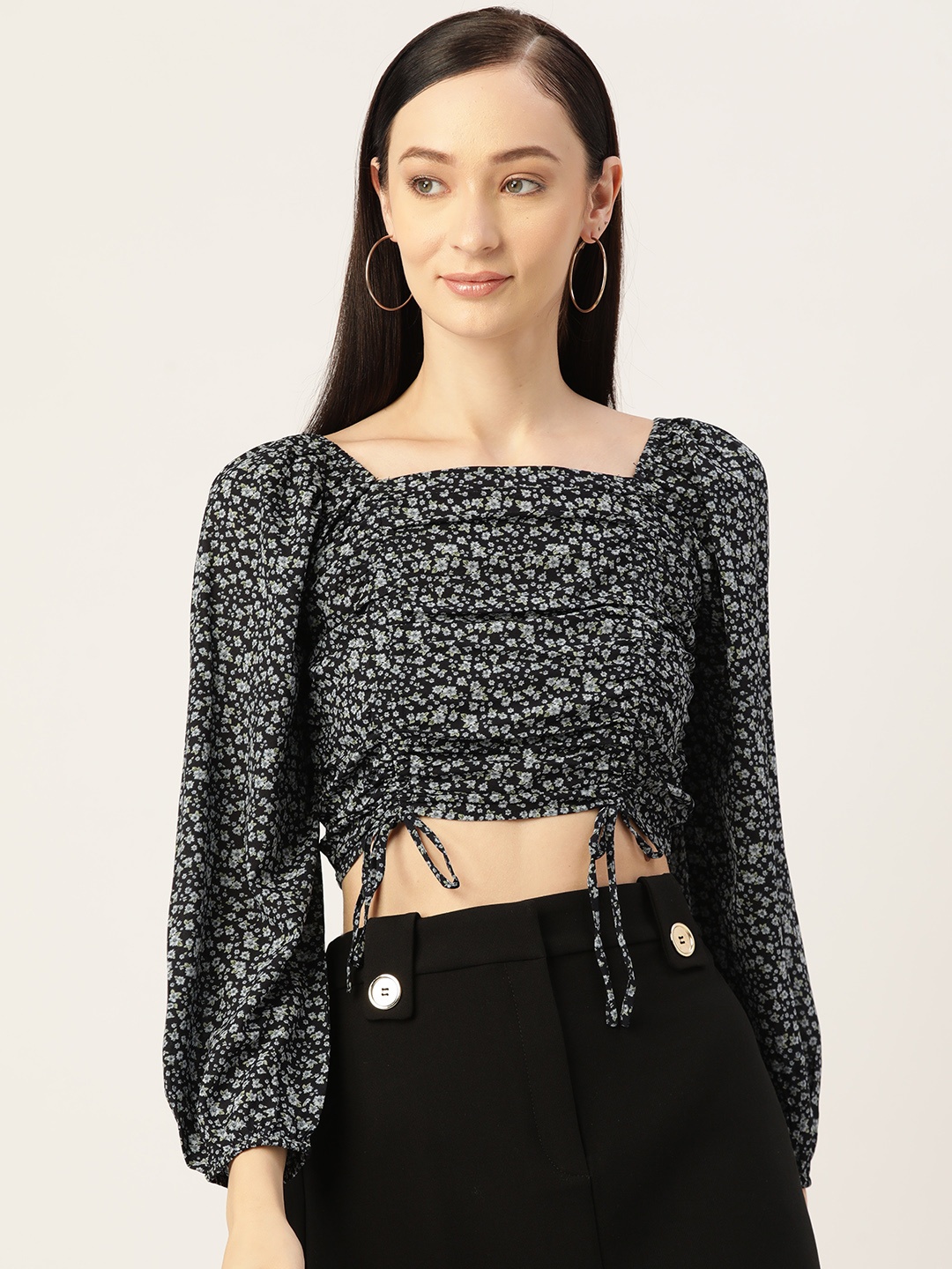 

Slenor Ruched Floral Print Georgette Crop Top, Blue