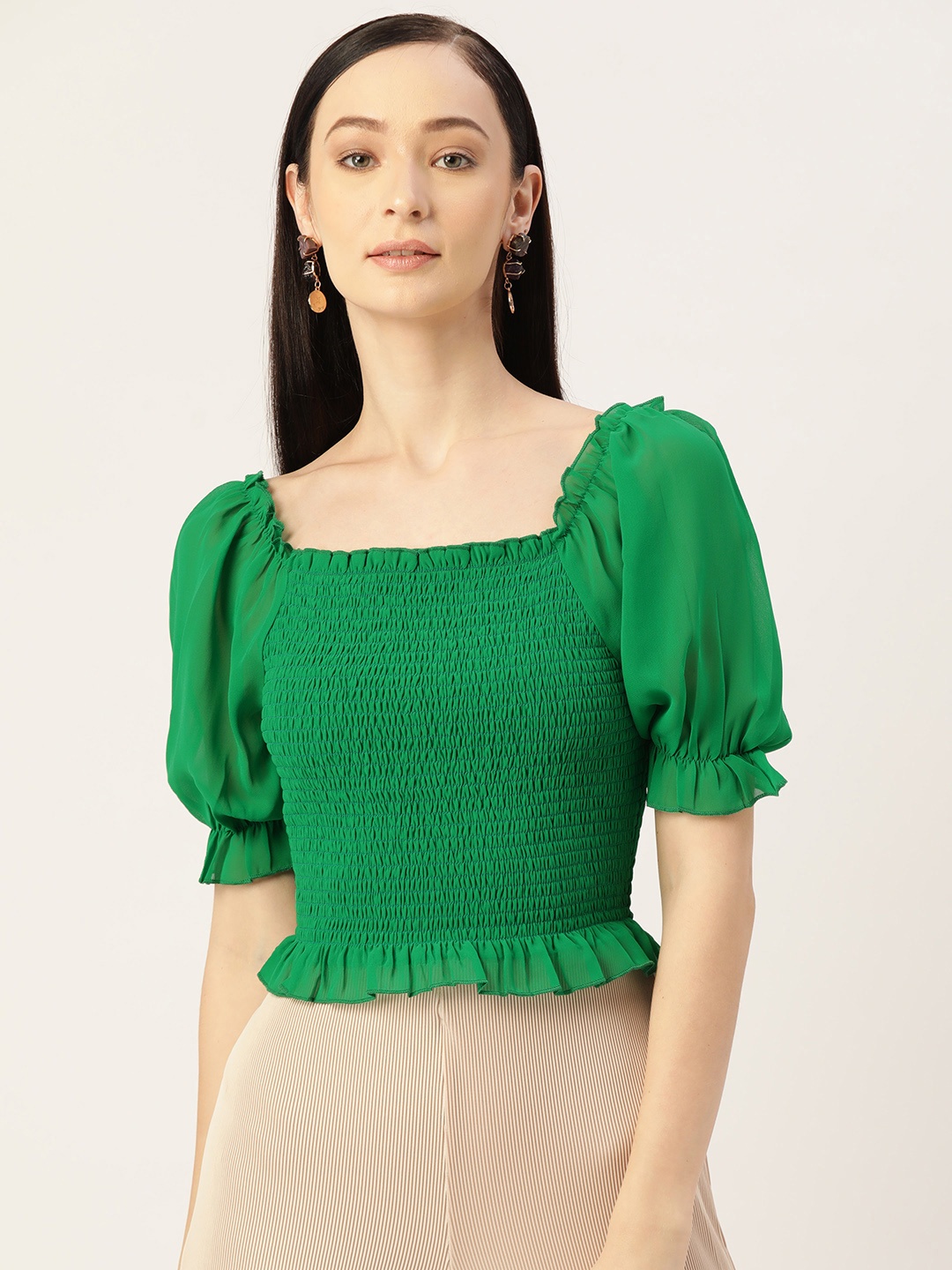 

Slenor Smocked Georgette Crop Top, Green