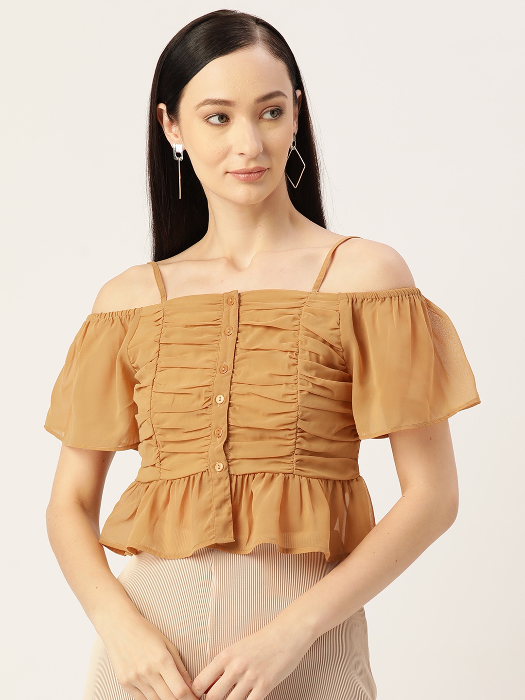 

Slenor Ruched Georgette Bardot Top, Khaki