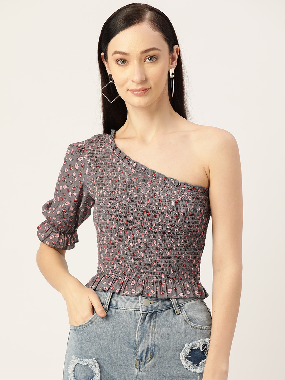 

Slenor Floral Print Smocked One Shoulder Crepe Top, Grey