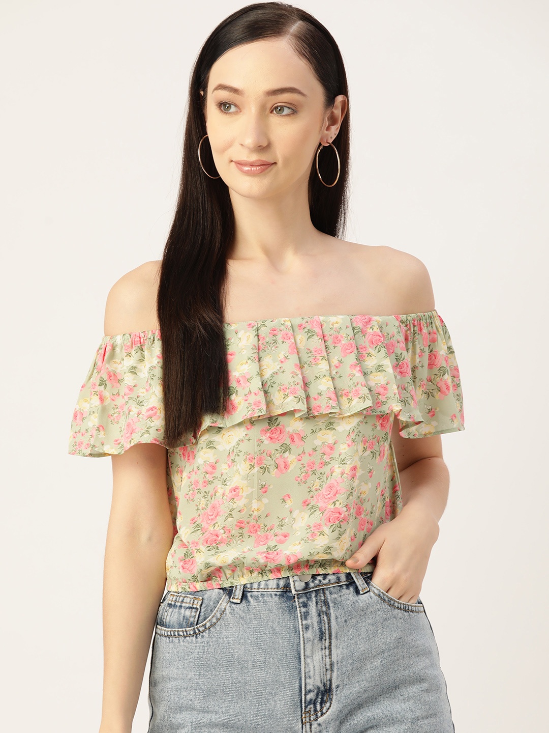 

Slenor Floral Print Off-Shoulder Ruffles Bardot Top, Green