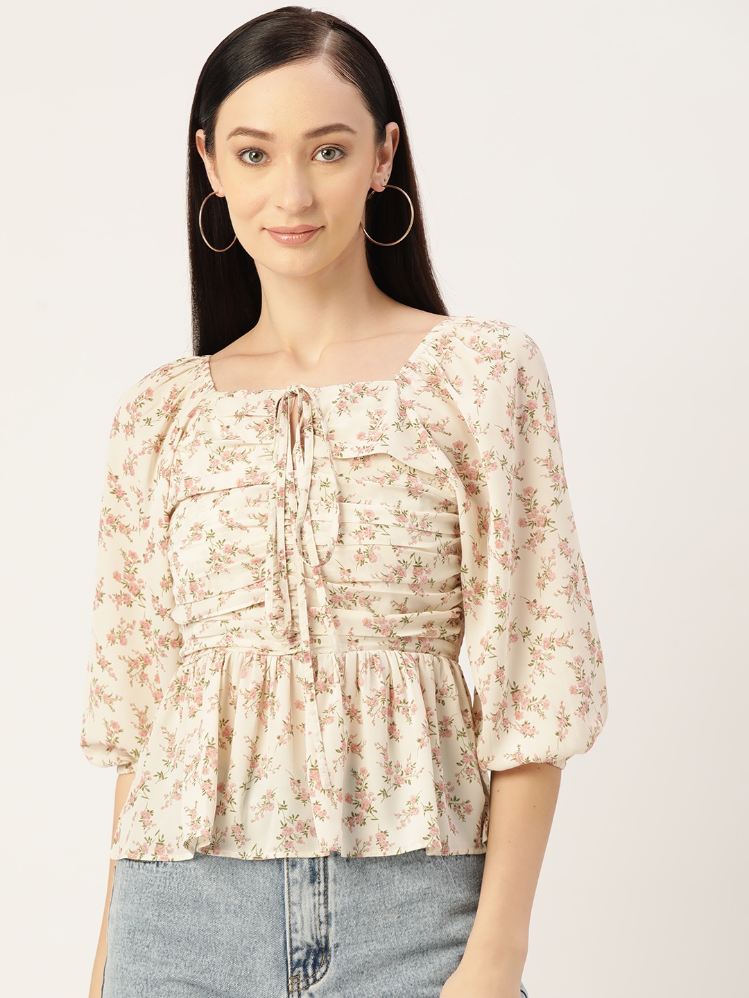 

Slenor Floral Print Smocked Top, Cream