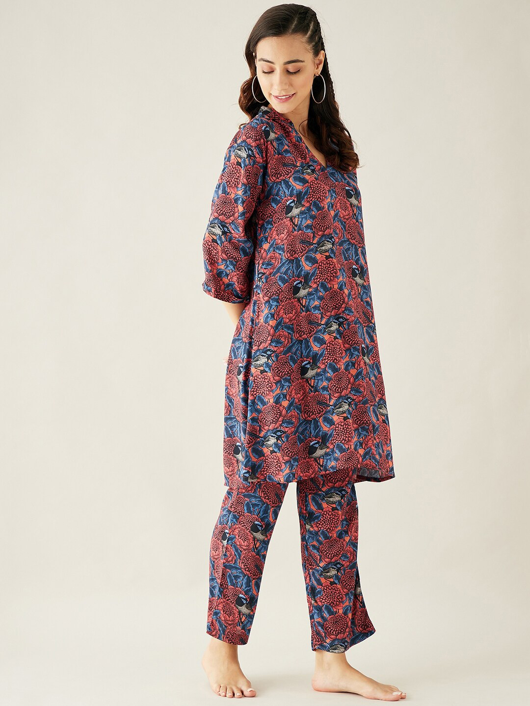 

The Kaftan Company Women Printed Night suit, Red