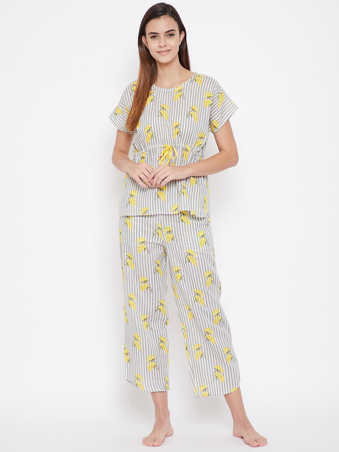 

The Kaftan Company Women Printed Pure Cotton Night suit, Grey