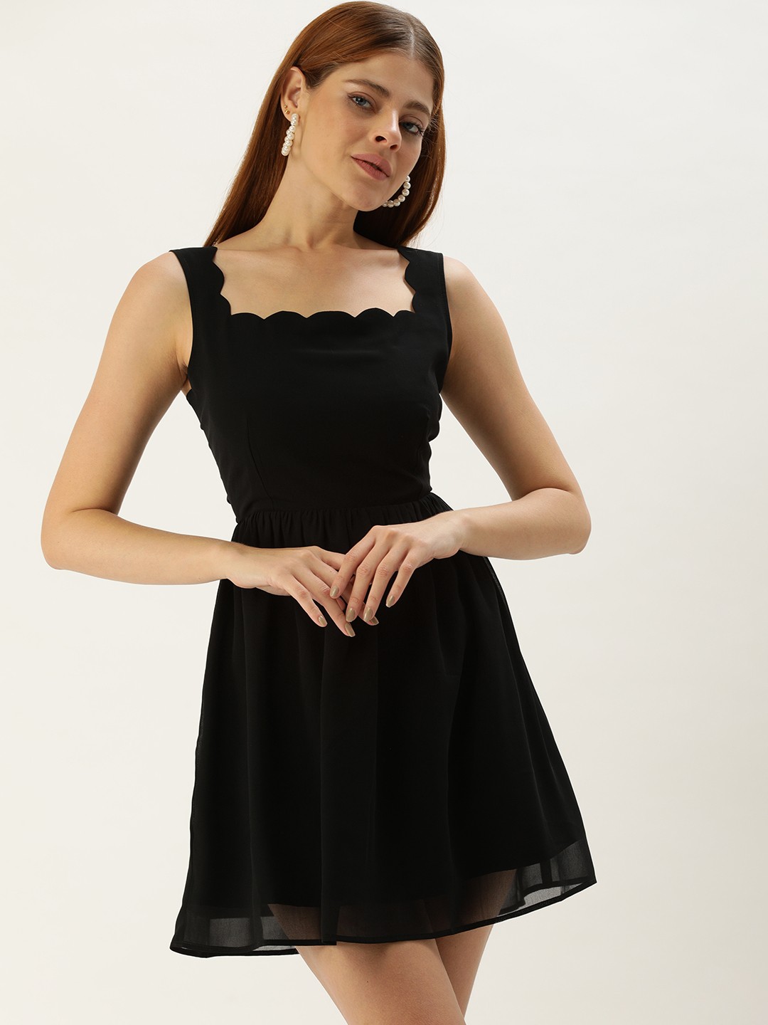 

ROVING MODE Georgette Scallop Neck Styled Back Mini Dress, Black
