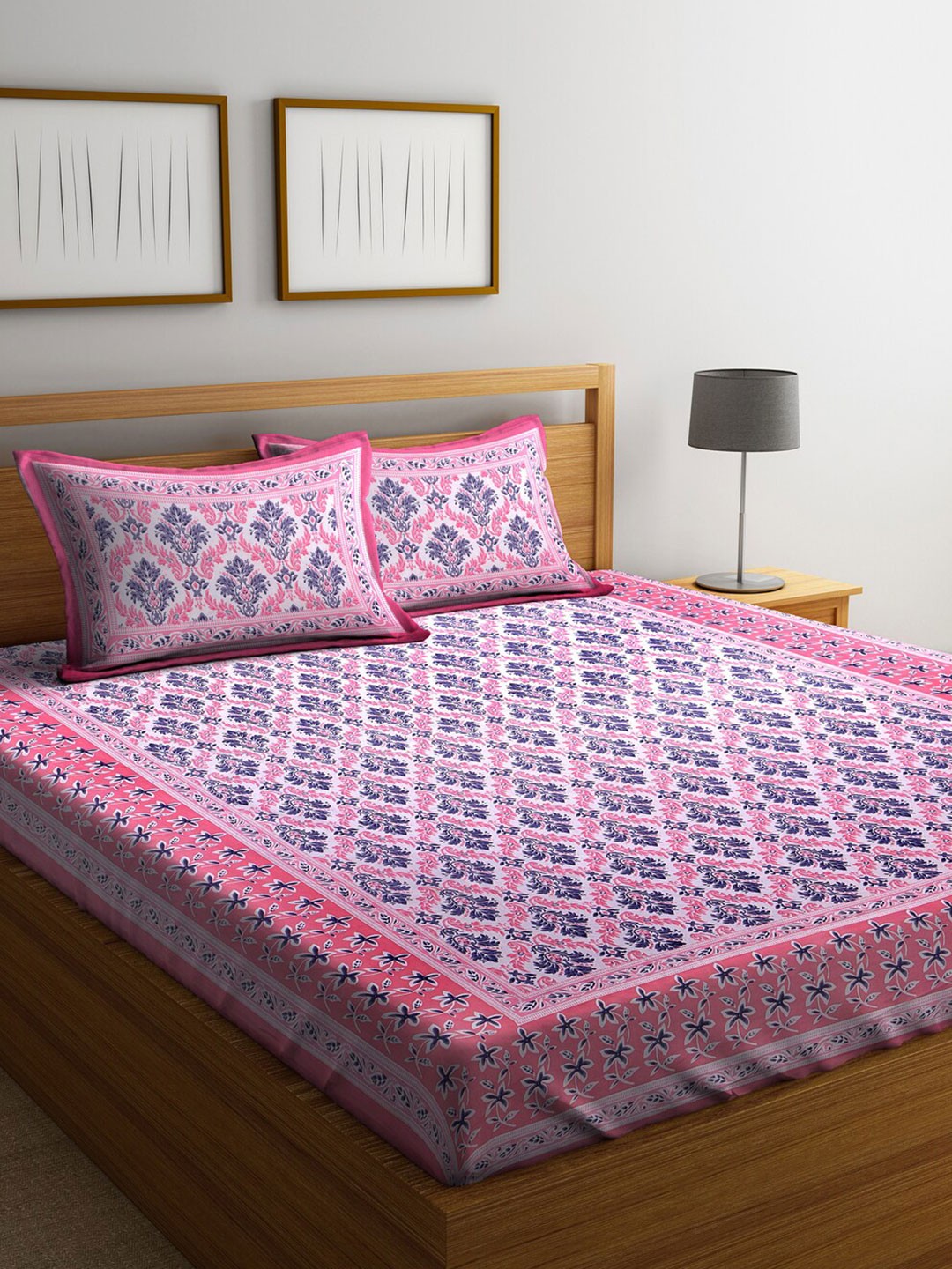 

Rajasthan Decor Floral 144 TC Cotton King Bedsheet with 2 Pillow Covers, Pink