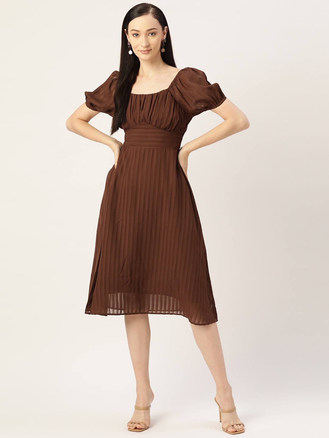 

Slenor Solid Accordion Pleated Smocked Georgette A-Line Midi Dress, Brown