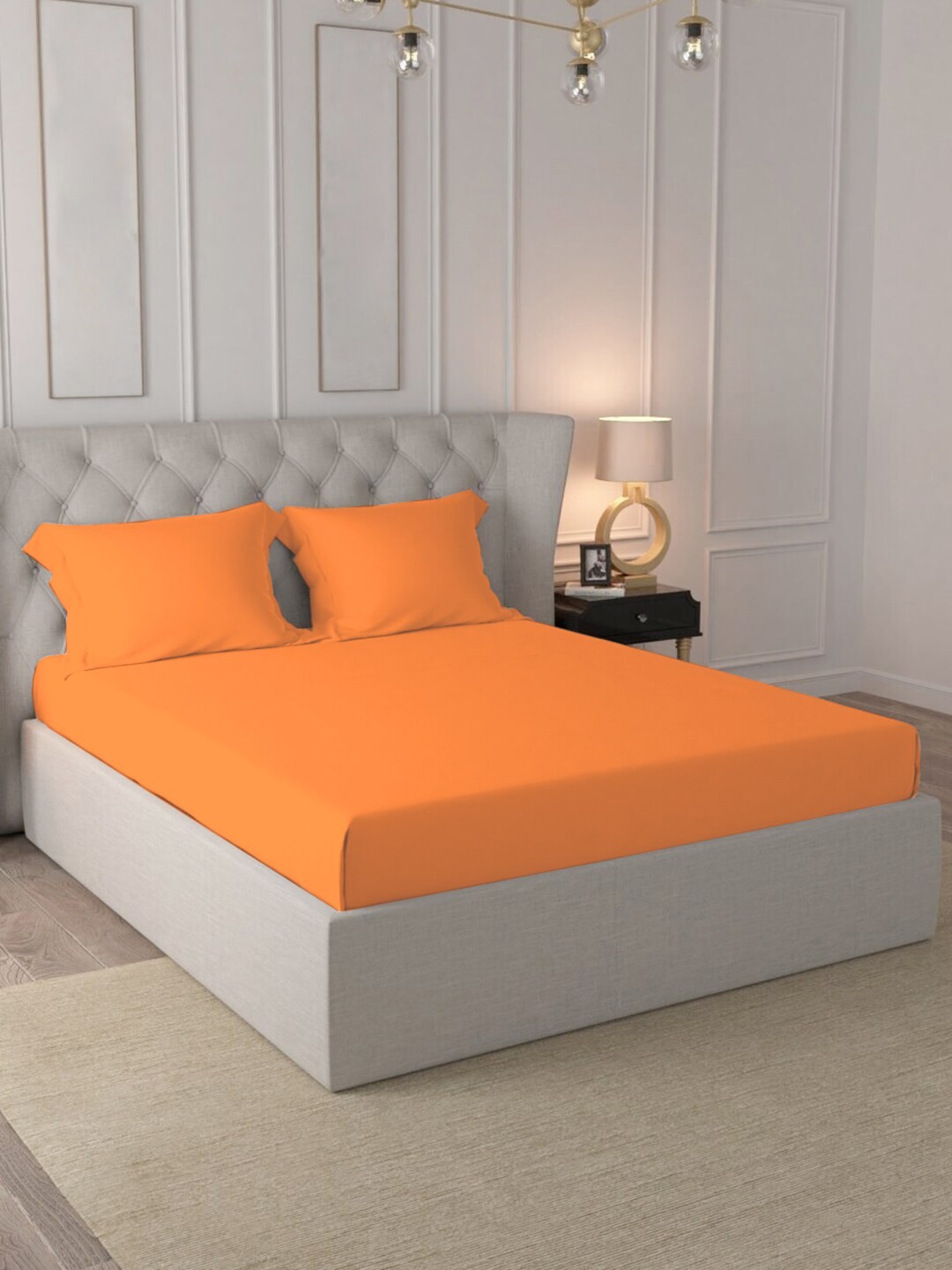

PIZUNA LINENS Orange 400 TC Cotton Fitted Single Bedsheet with 1 Pillow Covers