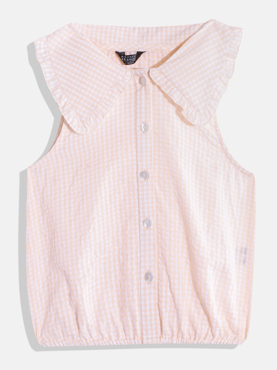 

HERE&NOW Girls Checked Peter Pan Collar Shirt Style Top, Peach