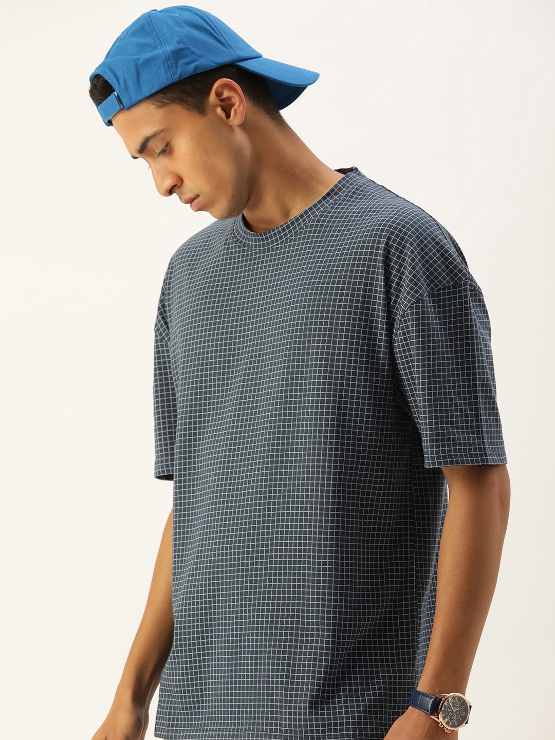 

Kook N Keech Men Pure Cotton Checked Oversized T-shirt, Navy blue