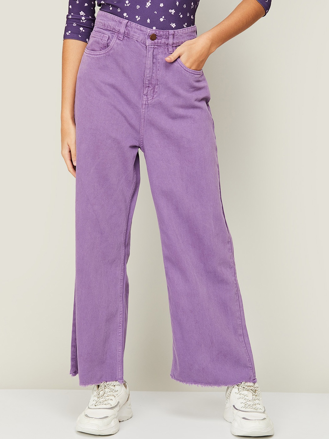 

Ginger by Lifestyle Women Solid Cotton Wide Leg Jeans, Purple