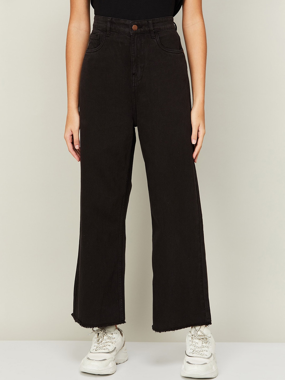 

Ginger by Lifestyle Women Solid Cotton Wide Leg Jeans, Black