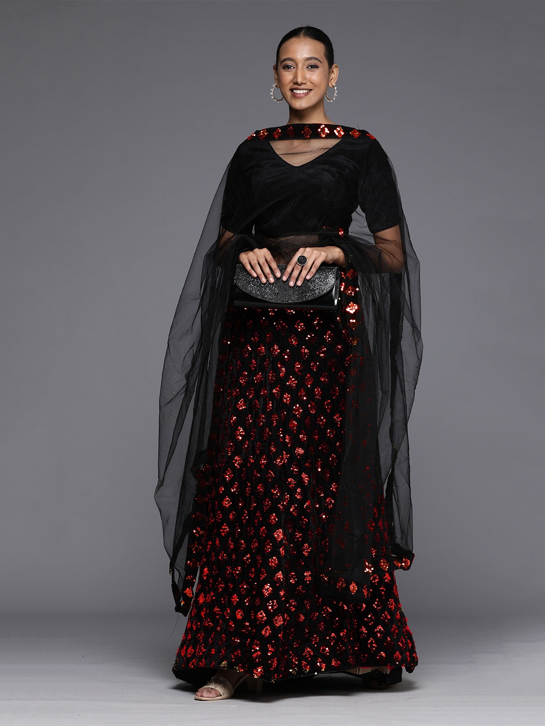 

Mitera Sequinned Semi-Stitched Lehenga & Unstitched Blouse With Dupatta, Black