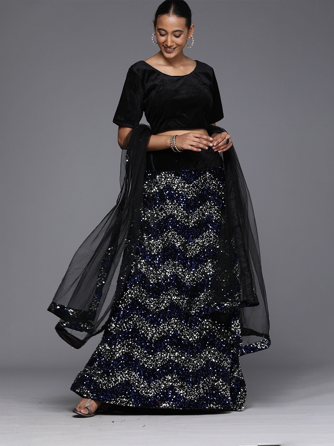 

Mitera Embellished Sequinned Semi-Stitched Lehenga & Unstitched Blouse With Dupatta, Black