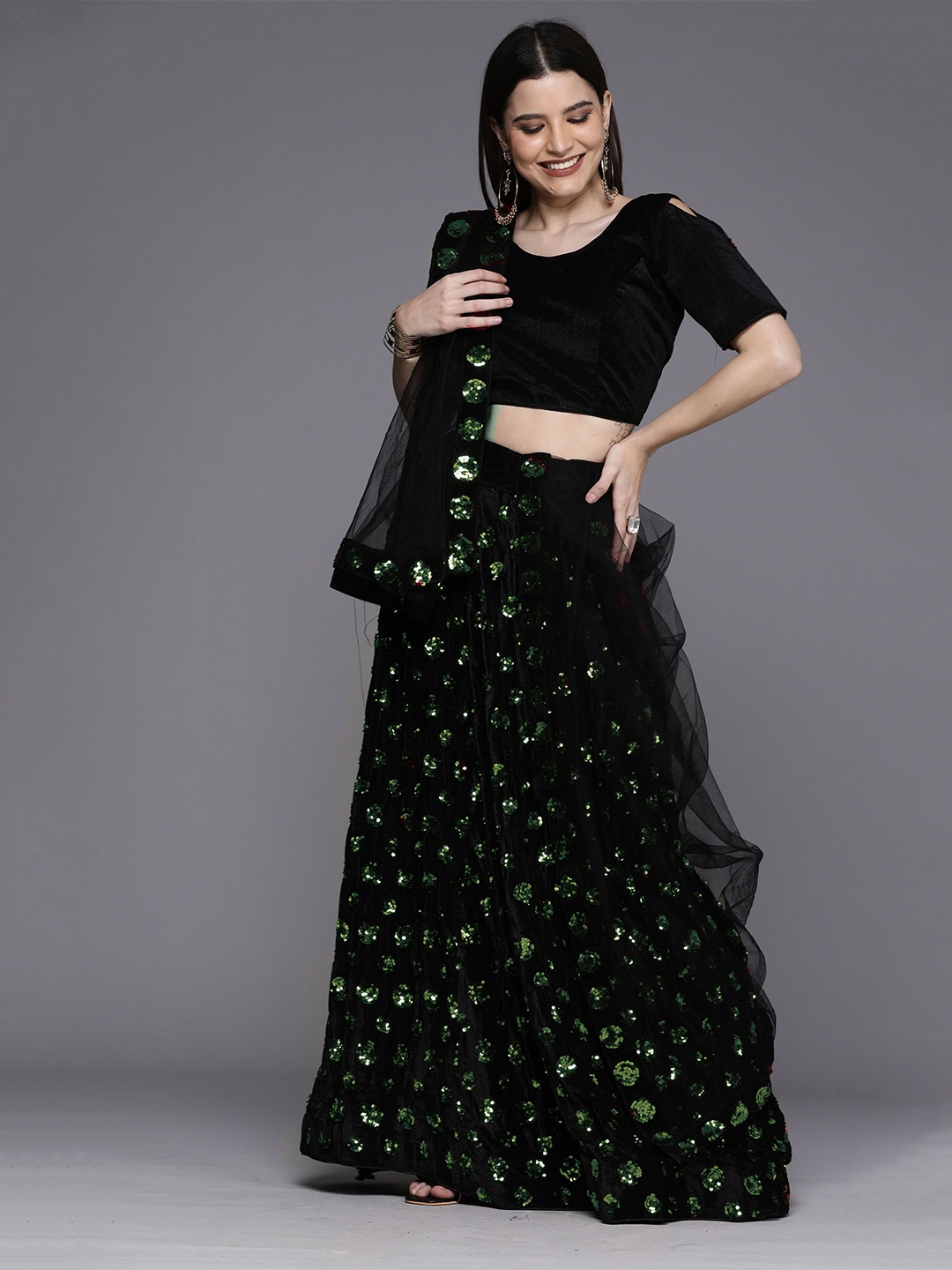 

Mitera Embroidered Sequinned Semi-Stitched Lehenga & Unstitched Blouse With Dupatta, Black