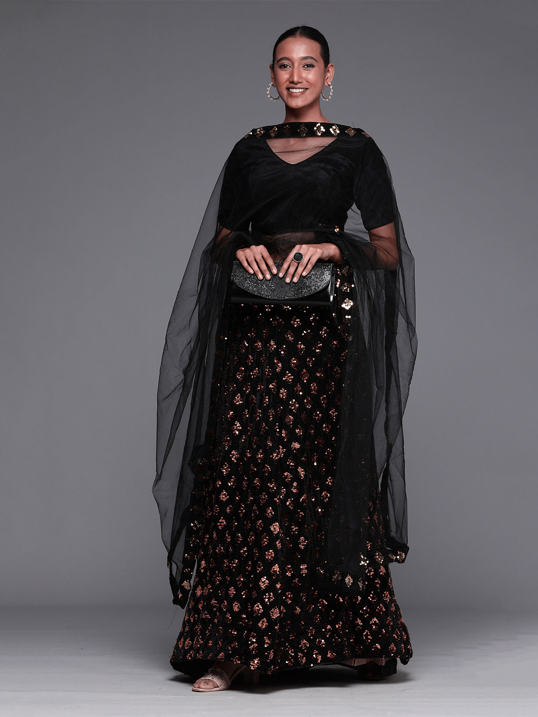 

Mitera Embroidered Sequinned Semi-Stitched Lehenga & Unstitched Blouse With Dupatta, Black