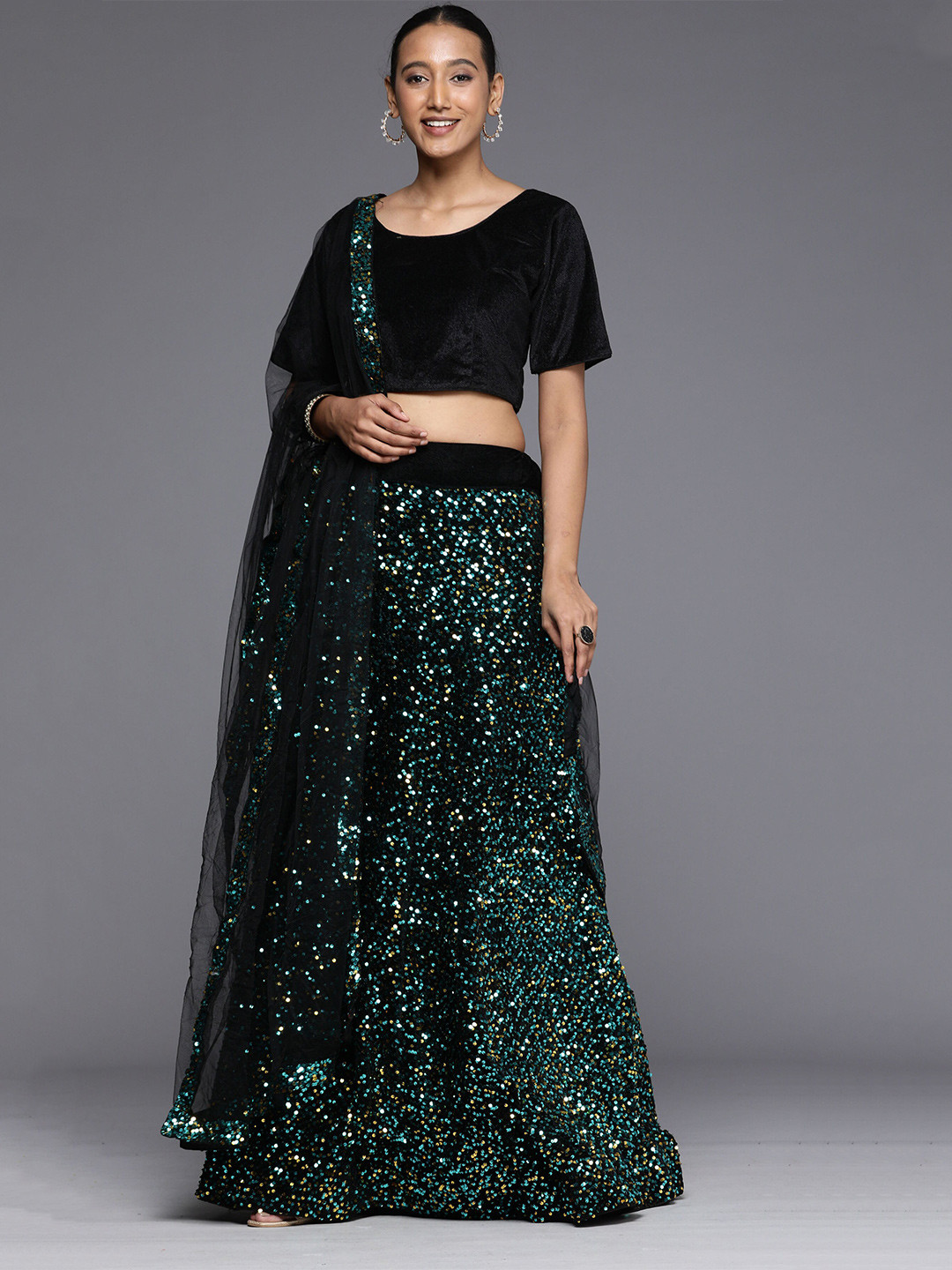 

Mitera Embroidered Sequinned Semi-Stitched Lehenga & Unstitched Blouse With Dupatta, Black