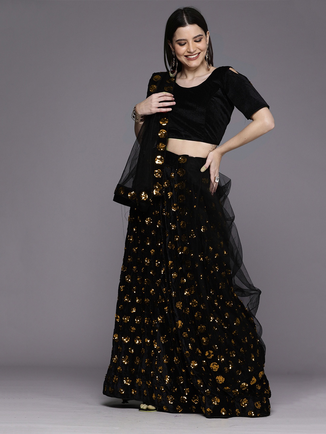 

Mitera Sequinned Semi-Stitched Lehenga & Unstitched Blouse With Dupatta, Black