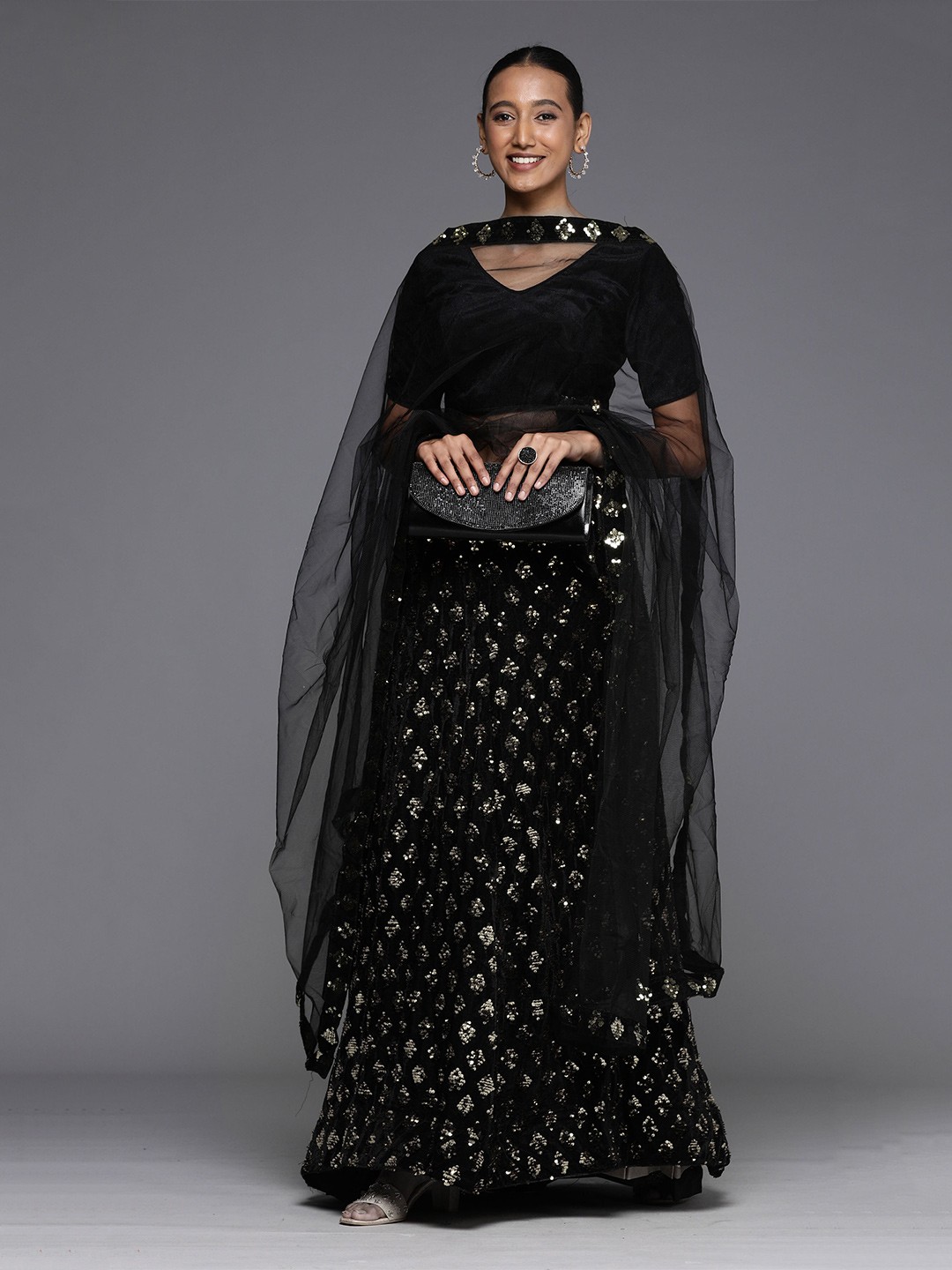

Mitera Embroidered Velvet Semi-Stitched Lehenga & Unstitched Blouse With Dupatta, Black