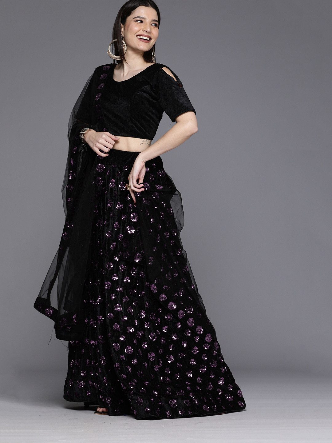 

Mitera Embroidered Velvet Semi-Stitched Lehenga & Unstitched Blouse With Dupatta, Black