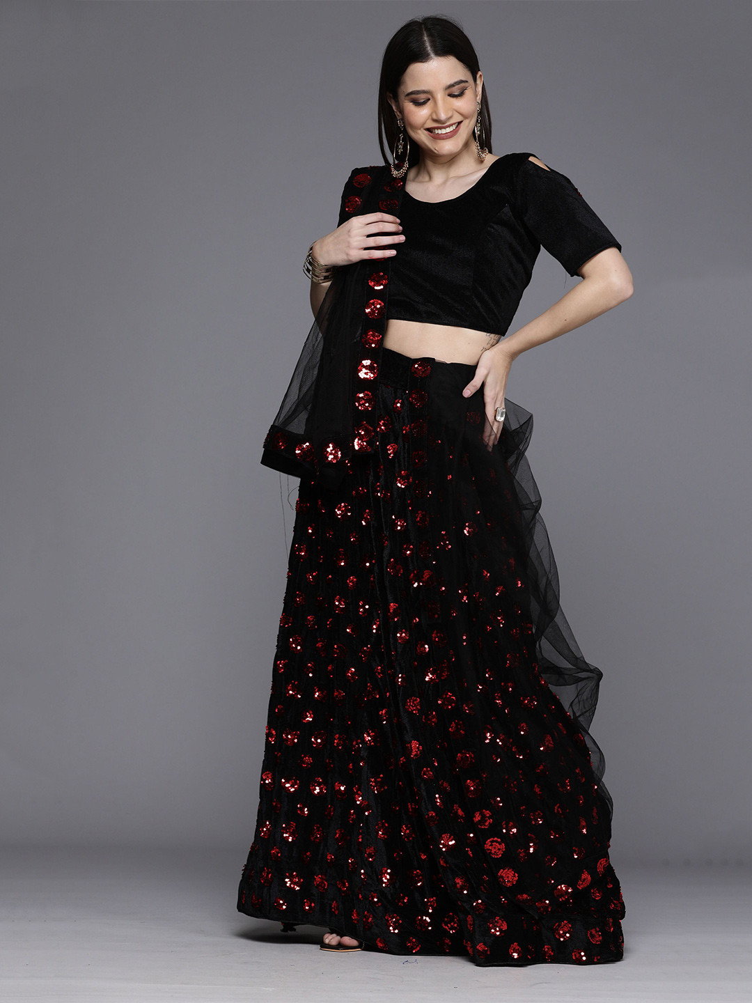 

Mitera Embroidered Velvet Semi-Stitched Lehenga & Unstitched Blouse With Dupatta, Black