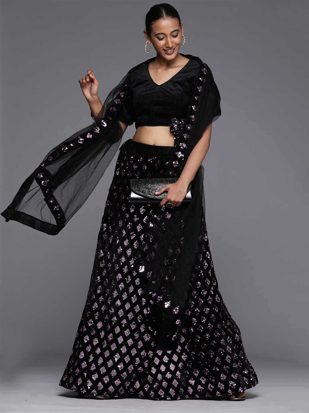

Mitera Embroidered Velvet Semi-Stitched Lehenga & Unstitched Blouse With Dupatta, Black