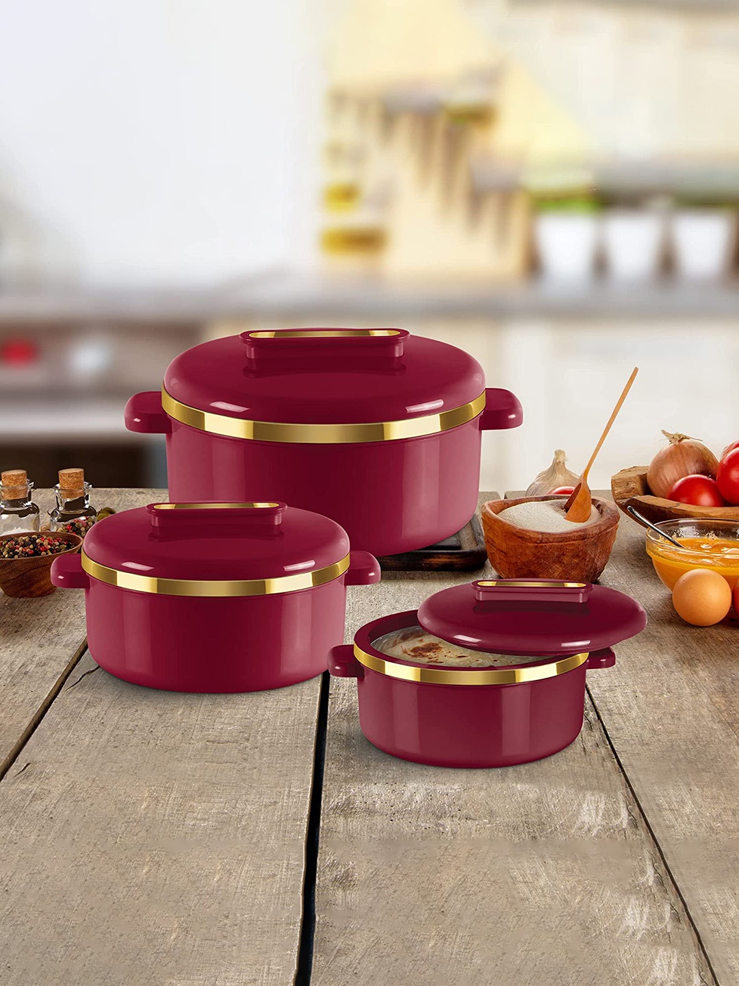 

Milton Curve Maroon Set Of 3 Inner Stainless Steel Casseroles 840 ml 1.3 L & 1.88 L