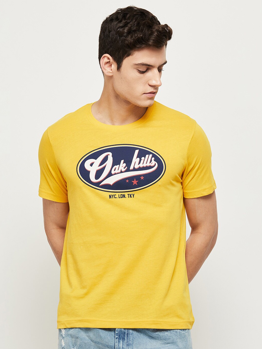 

max Men Typography Printed Cotton T-shirt, Yellow