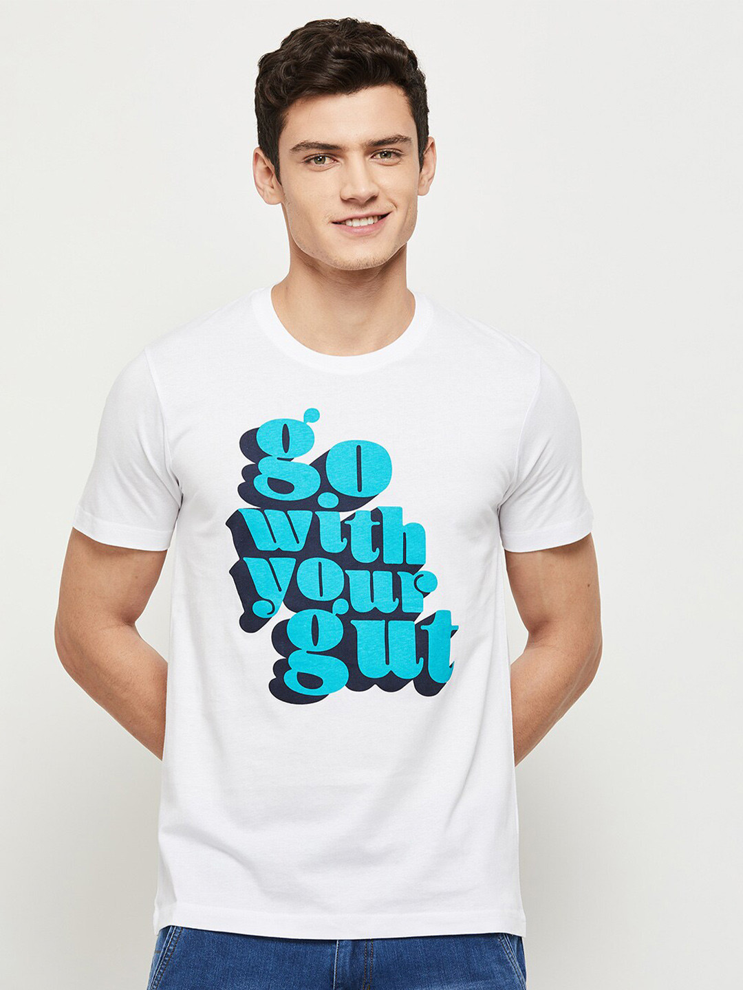 

max Men Typography Printed Cotton T-shirt, White