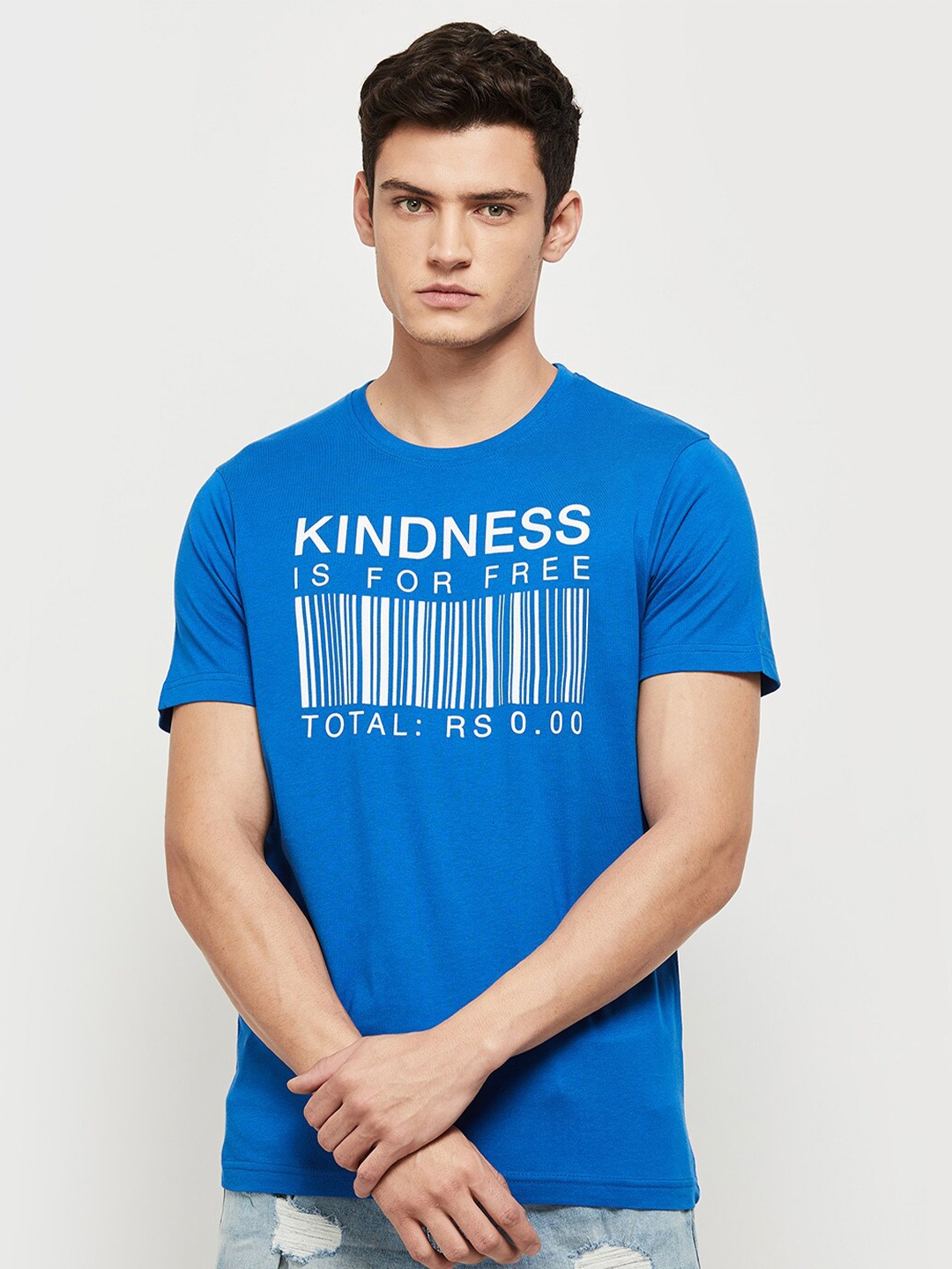 max Men Typography Printed Cotton T-shirt, Blue