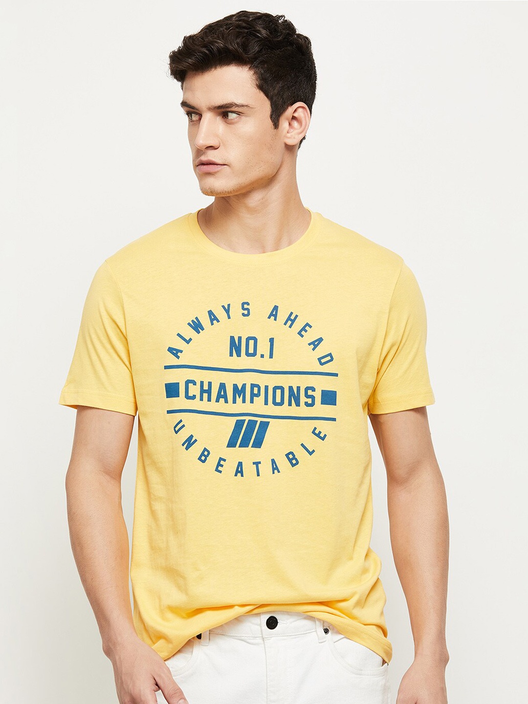 

max Men Typography Printed Cotton T-shirt, Yellow