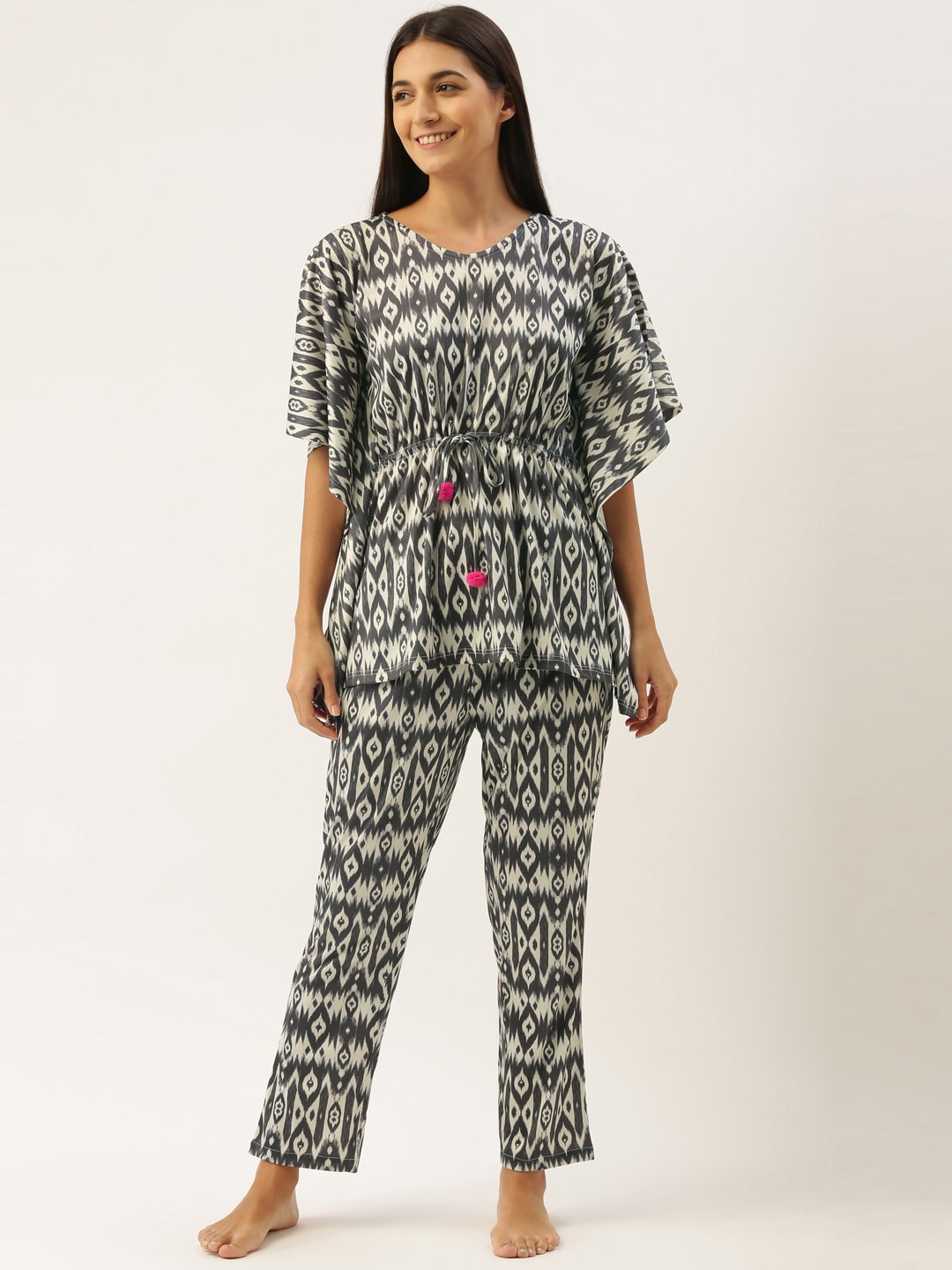 

Bannos Swagger Women Printed Kaftan Nightsuit, Black