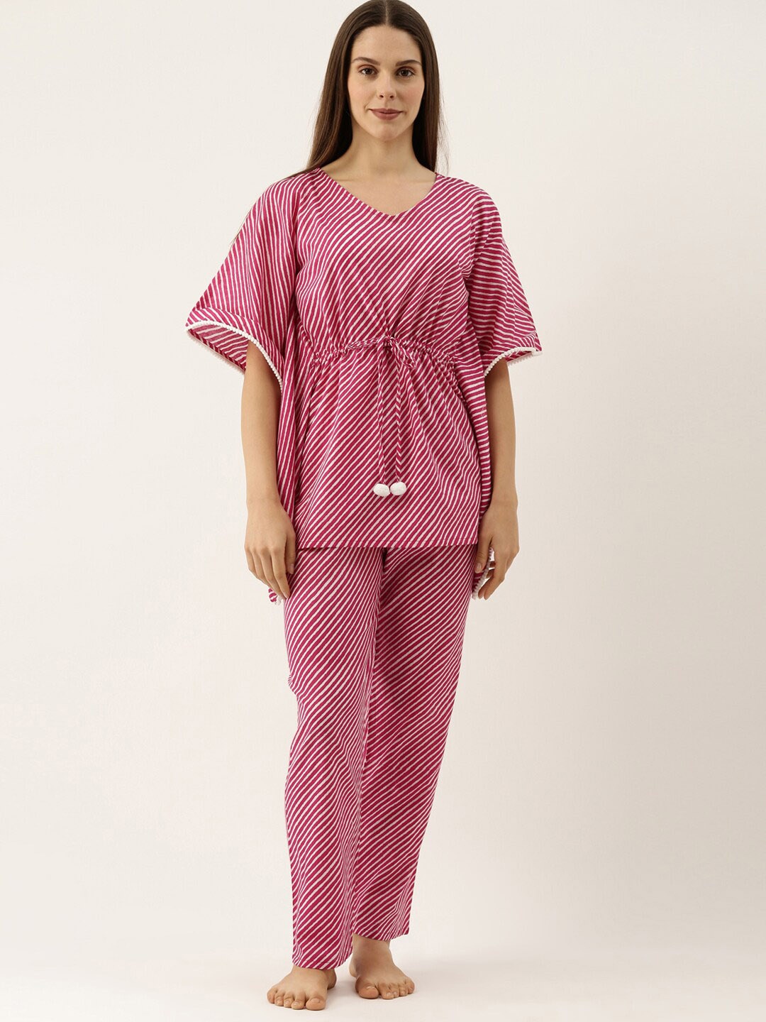 

Bannos Swagger Women Striped Kaftan Nightsuit, Pink