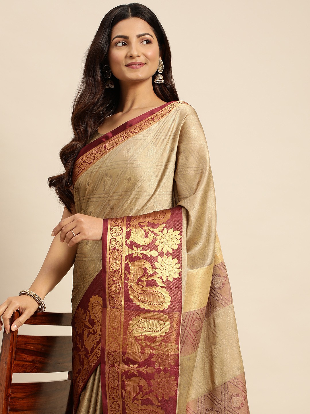 

nirja Fab Ethnic Motifs Silk Cotton Kanjeevaram Saree, Tan