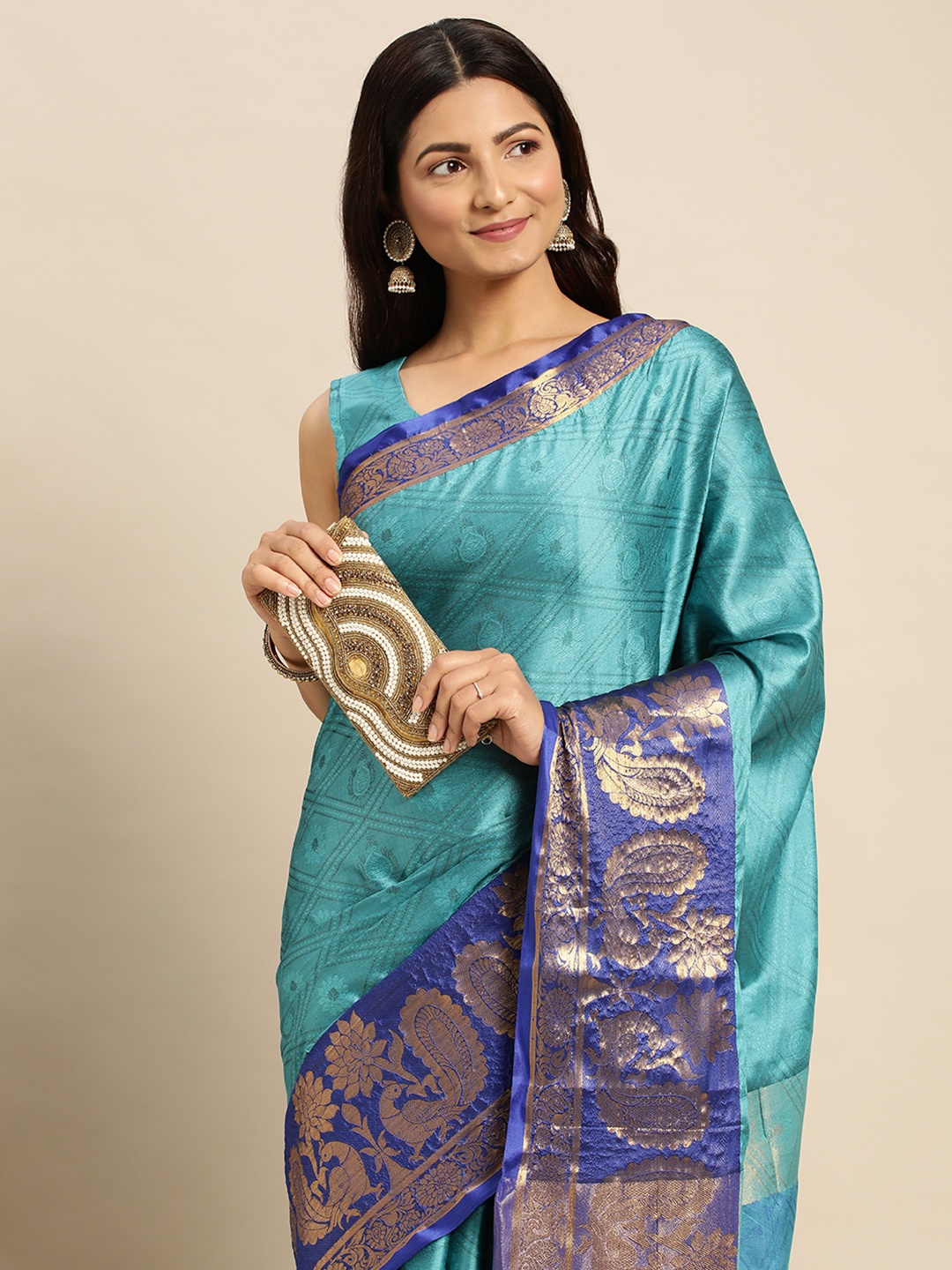 

nirja Fab Ethnic Motifs Silk Cotton Kanjeevaram Saree, Blue