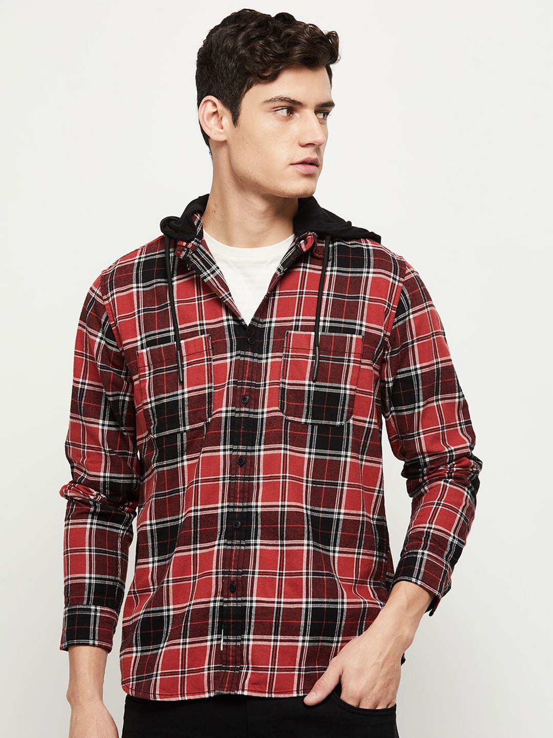 

max Men Tartan Checks Pure Cotton Hooded Casual Shirt, Red
