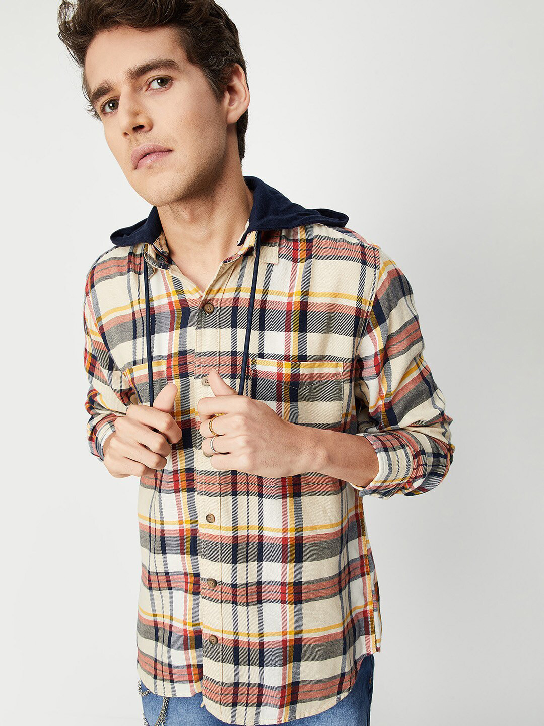 

max Men Tartan Checks Hooded Pure Cotton Casual Shirt, Off white