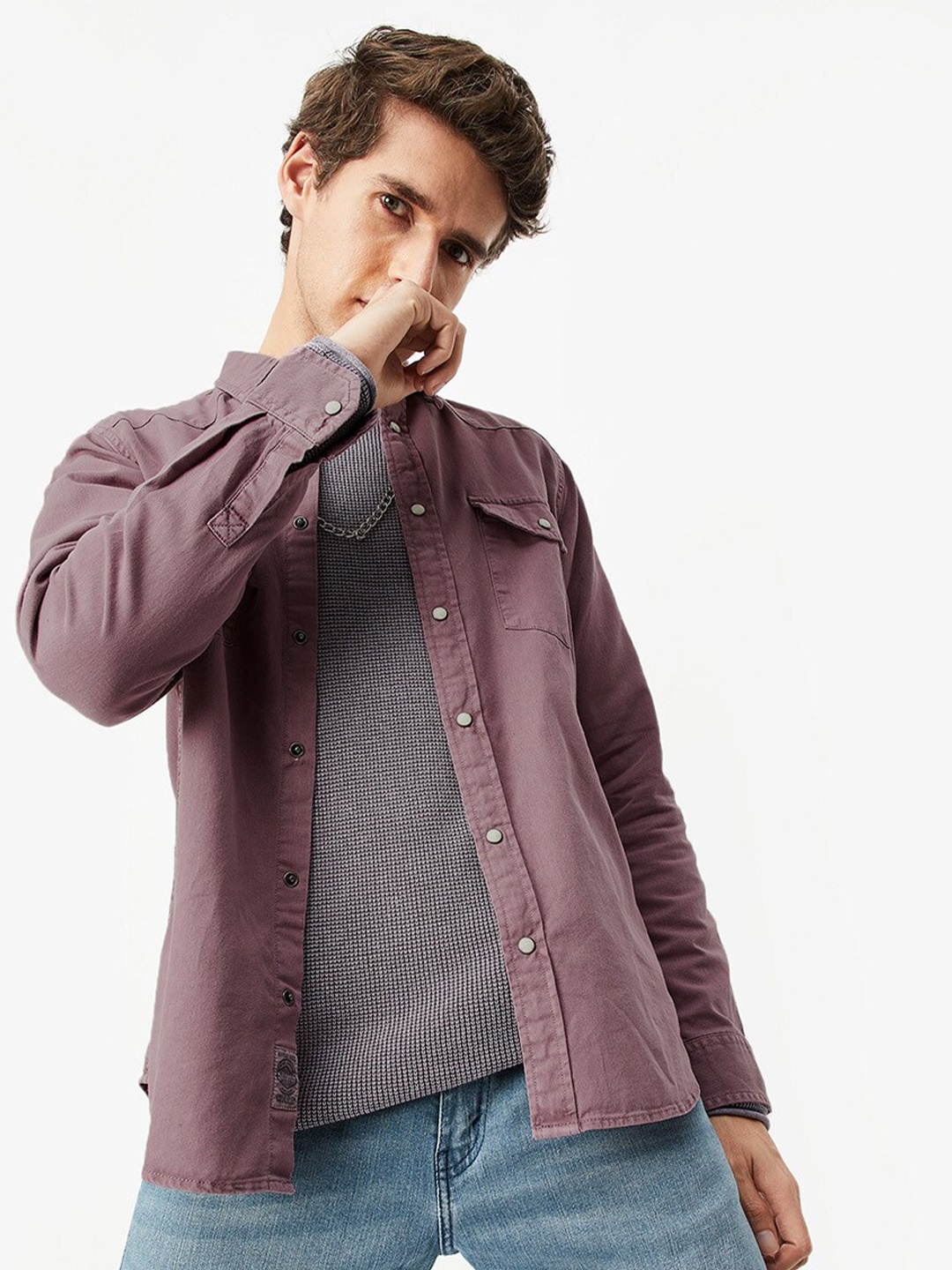 

max Men Spread Collar Pure Cotton Casual Shirt, Purple