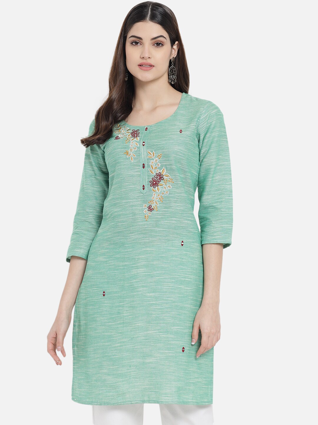 

Meeranshi Scoop Neck Floral Embroidered Thread Work Straight Fit Cotton Kurta, Green