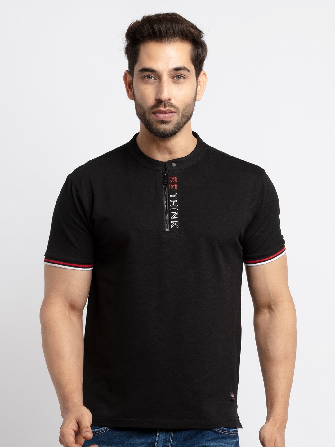 

Status Quo Men Henley Neck Cotton T-shirt, Black