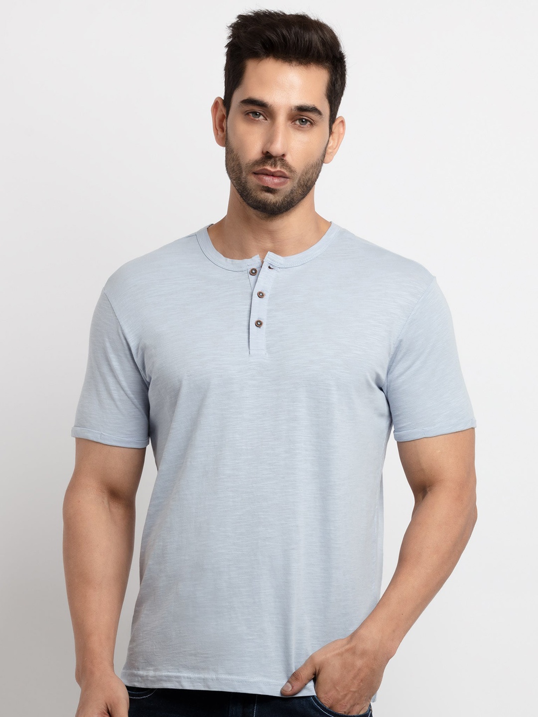 

Status Quo Men Henley Neck Cotton T-shirt, Grey
