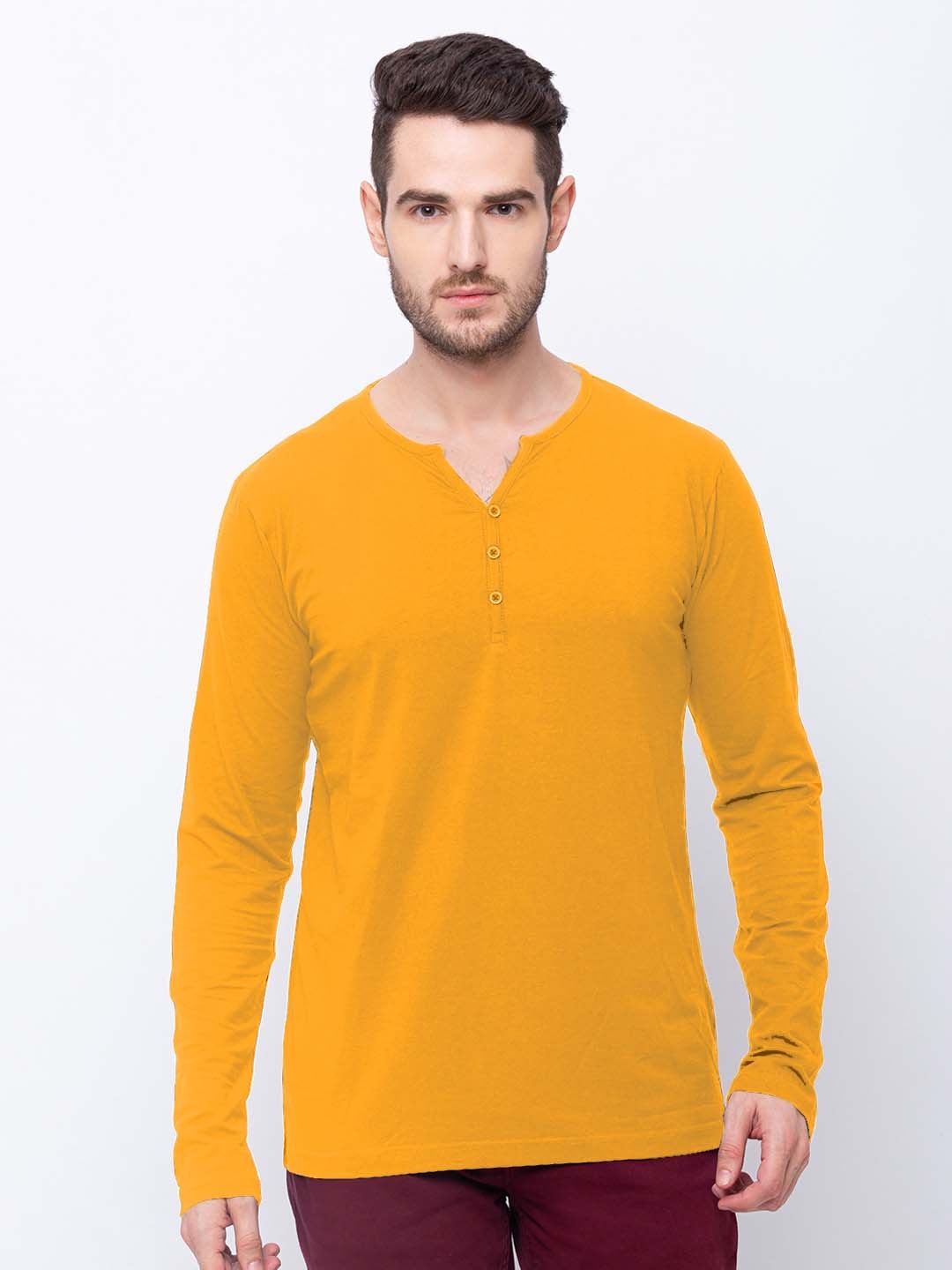 

Status Quo Men Cotton Henley Neck T-shirt, Mustard