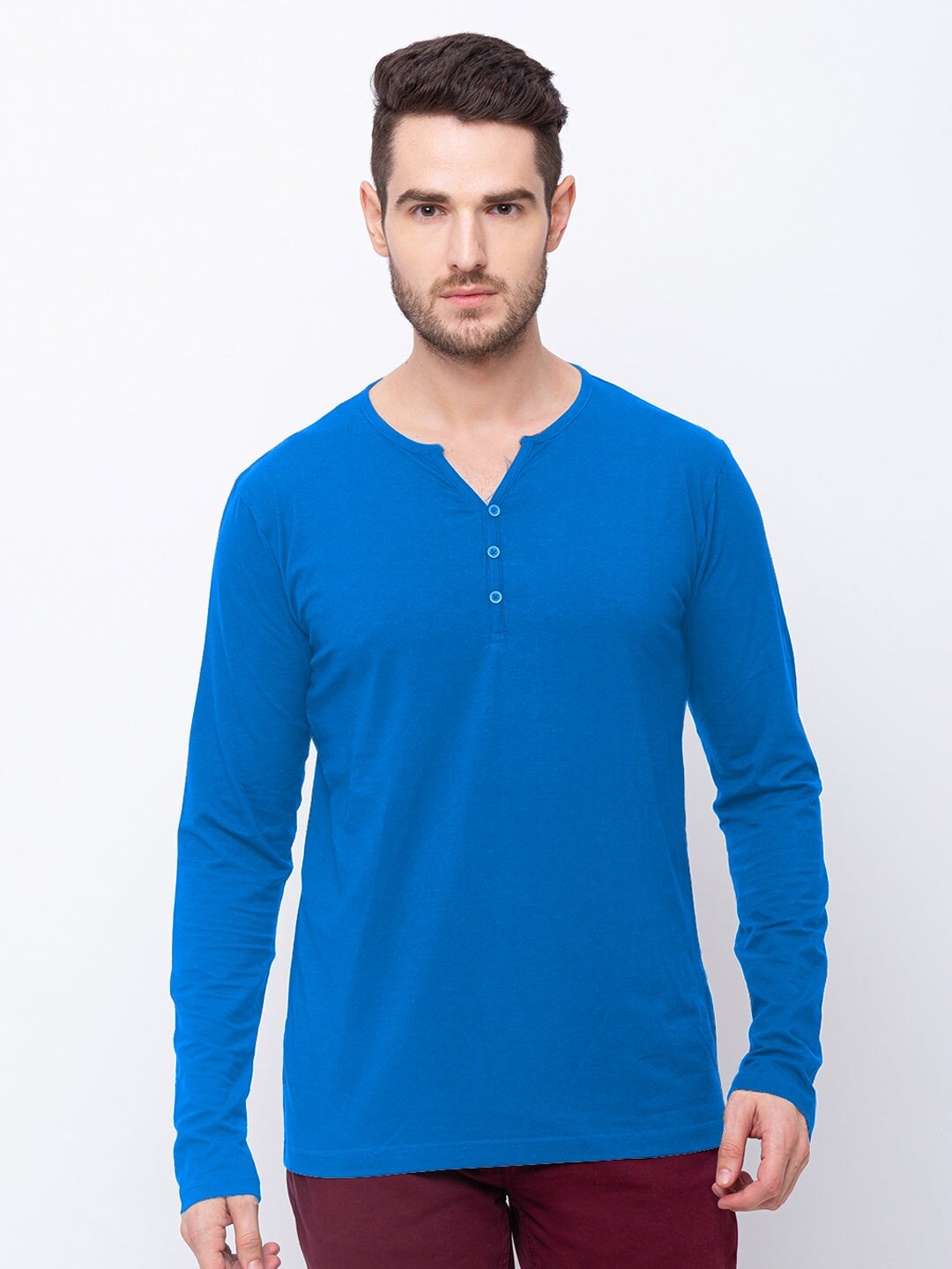 

Status Quo Men Cotton Henley Neck T-shirt, Blue