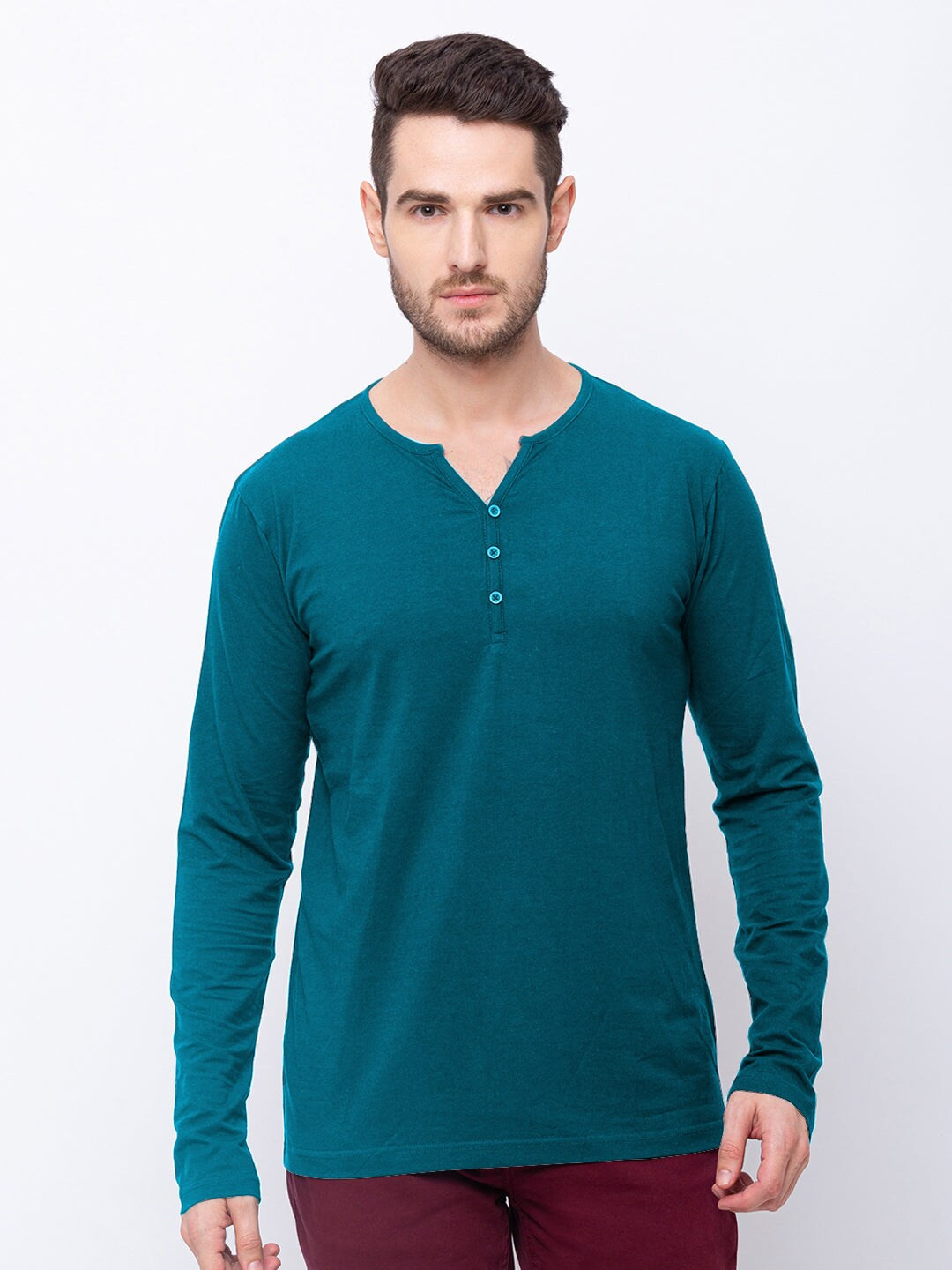

Status Quo Men Cotton Henley Neck T-shirt, Teal