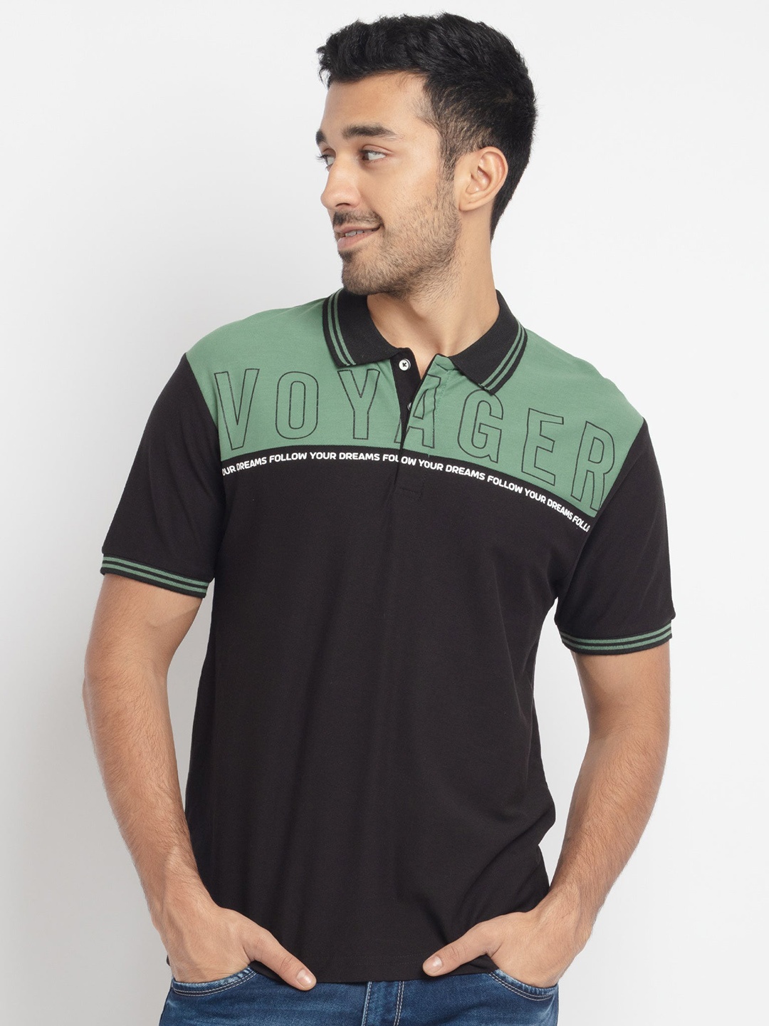 

Status Quo Men Printed Polo Collar Cotton T-shirt, Black