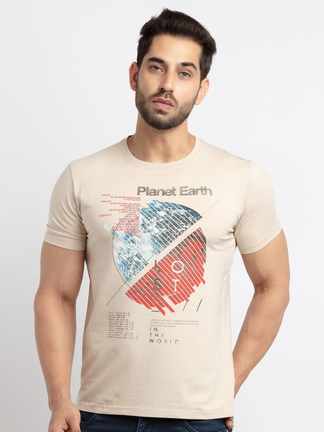 

Status Quo Men Beige Typography Printed Round Neck Cotton T-shirt