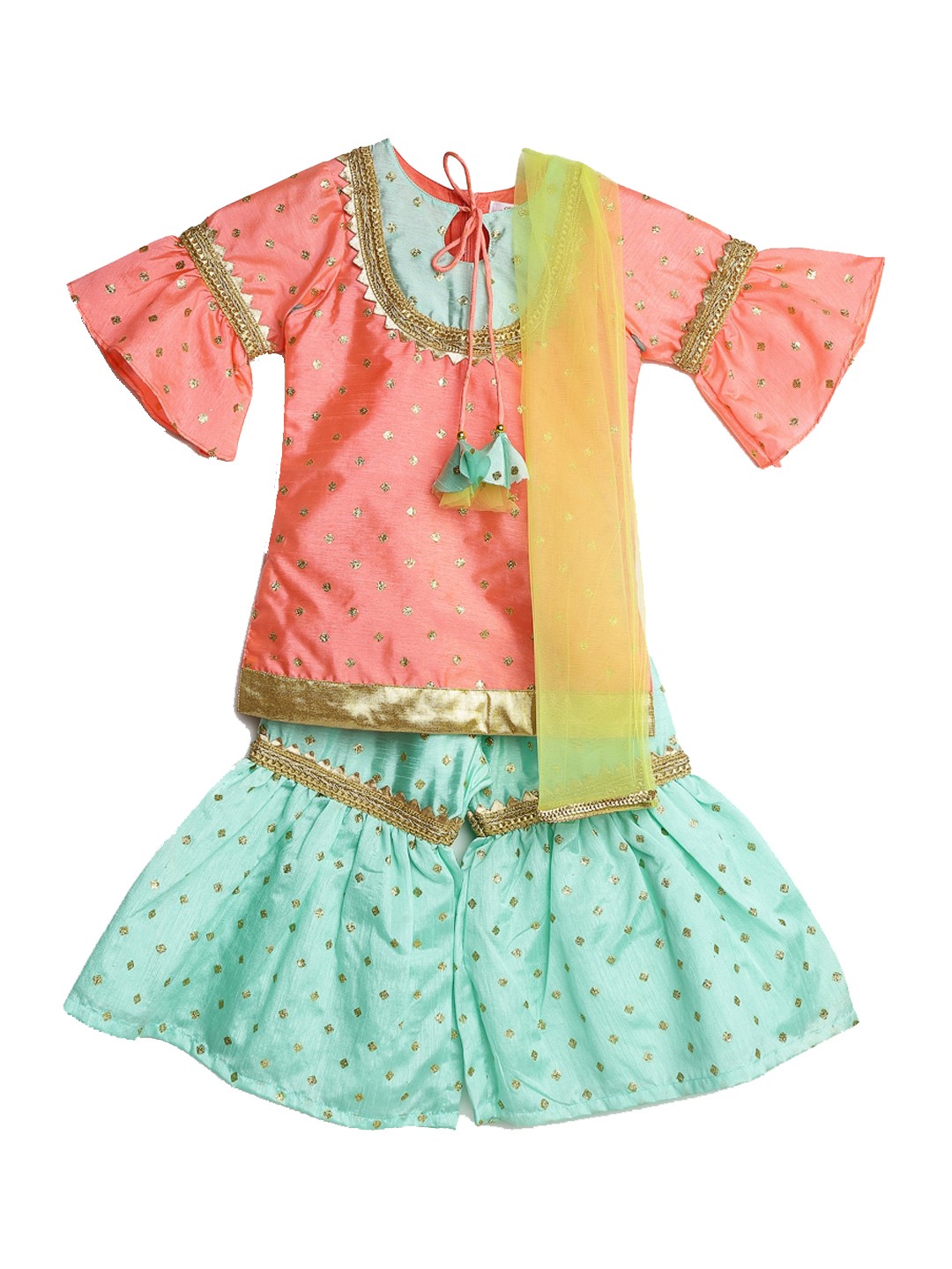 

SAKA DESIGNS Girls Printed Gotta Patti Kurta With Sharara & Dupatta, Peach