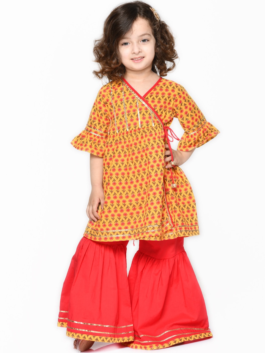 

SAKA DESIGNS Girls Floral Printed Angrakha Gotta Patti Pure Cotton Kurta With Sharara, Orange